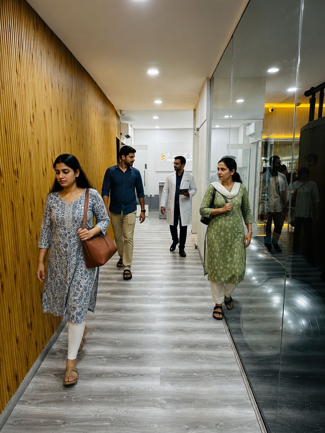 Patients walking through the LifeArc Wellness corridor toward Back2Health